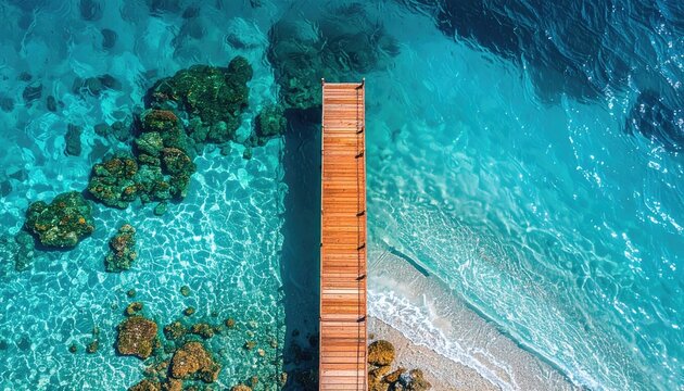 Aerial View Of A Wooden Pier Jutting Into Crystal Clear Turquoise Ocean Water With Coral Reefs Visible Below And Gentle Waves Lapping The Shore Under Bright Sunlight - Powered by Adobe