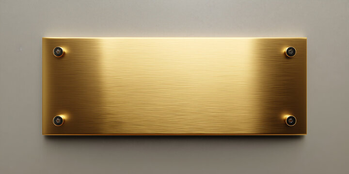 A blank golden plaque attached to a wall with screws, ready for a personalized inscription or message. The shiny metal reflects light