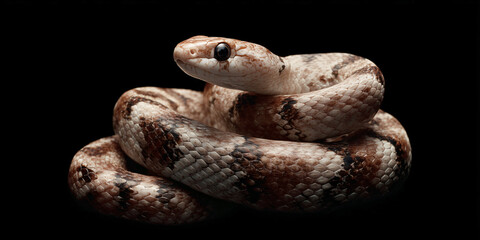 A detailed close-up of a snake with a captivating gaze. The snake's intricate scales and patterns are prominently displayed, highlighting the beauty and mystery of nature