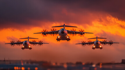 Four propeller airplanes flying low over runway during dramatic orange sunset sky with dark clouds and city lights visible in the background