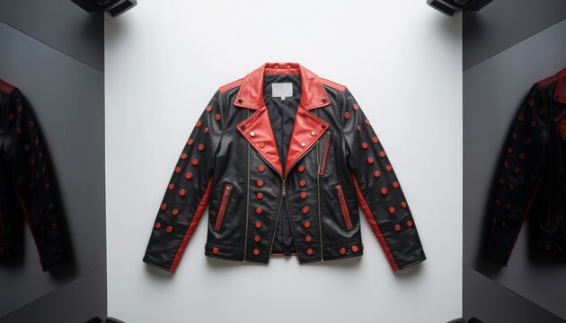 Edgy black leather jacket with vibrant red lining and studs for bold fashion statements now