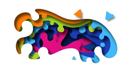 A multilayered colorful abstract shape with orange green pink and blue hues accompanied by three triangular shapes