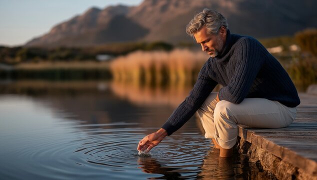 Man, lake, sunset, mountains — contemplative mature man touching water on wooden dock, calm cinematic natural light portrait for wellness, mindfulness, travel, and nature retreat - Powered by Adobe