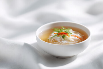 Minimalist food art Elegant bowl of noodles in broth with vegetable garnish, set against soft white fabric. Evokes simplicity, health, and gentle nourishment.