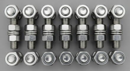 Closeup of shiny metal bolts and nuts arranged in rows on a gray surface, creating a pattern of industrial hardware elements
