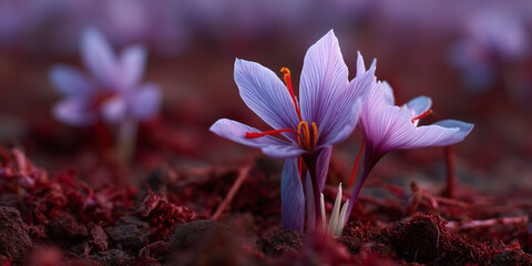 A macro shot of a delicate saffron flower, with soft petals and vibrant colors