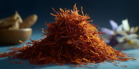 A close-up shot of a pile of saffron threads. The threads are a vibrant red-orange color, with small hints of other herbs. The texture appears delicate and finely spun