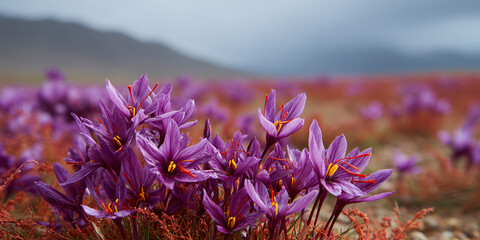 A vibrant field of purple saffron flowers, offering a visual treat amidst the landscape