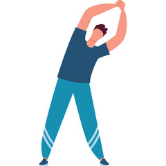 Man in dark blue t-shirt and teal pants performing side bend stretch with arms raised overhead on a white background