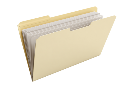 Open manila file folder with white paper sheets and dividers beige yellow, Png, Isolated on Transparent Background, Cut Out - Powered by Adobe