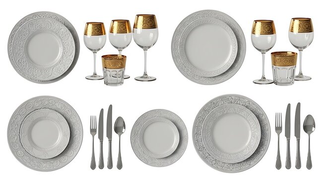 Elegant table setting plates glasses and cutlery isolated