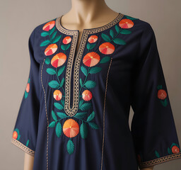 Navy Embroidered Tunic Floral Design on Mannequin