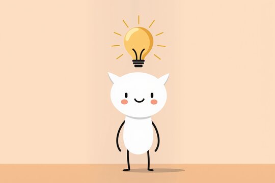 A cute, minimalist character with a happy expression has a glowing lightbulb above their headsymbolizing creativity, inspiration, or a brilliant idea!