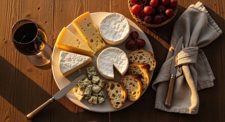 Gourmet cheese platter with various cheeses, grapes, and a glass of wine on a wooden table
