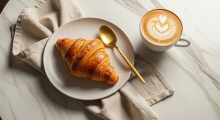 Delicious breakfast with a croissant, coffee cup, and golden spoon on a marble table
