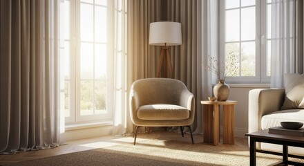 Cozy living room interior with armchair, lamp, and large windows providing natural light
