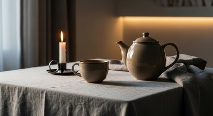 Cozy tea setting with teapot, cup, and candle on a linen tablecloth in soft lighting
