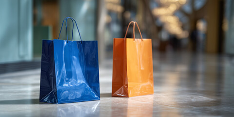 Two colorful shopping bags in a modern interior, offering a sense of consumerism and retail