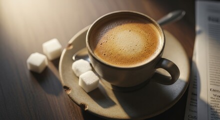 Cup of fresh coffee with sugar cubes on a saucer and morning newspaper on a wooden table
