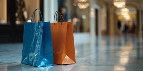 Vibrant shopping bags set against the backdrop of a modern shopping mall, exuding a sense of retail therapy and consumerism