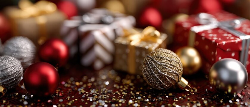 Festive Christmas background with glittering gold ornament, red baubles, and wrapped gifts on a dark wooden surface creating a warm and joyful holiday atmosphere - Powered by Adobe