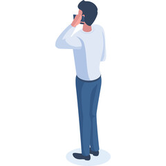 Man Wearing Light Blue Long Sleeve Shirt and Dark Blue Pants Talking on Phone With White Background