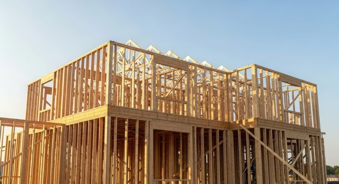 New residential construction framing with blue sky, showcasing the early stages of building a modern home and real estate development