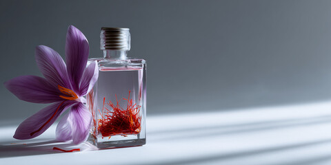 Saffron perfume bottle with a vibrant flower, evoking luxury and beauty. The clear glass showcases the saffron strands, complemented by the delicate purple petals