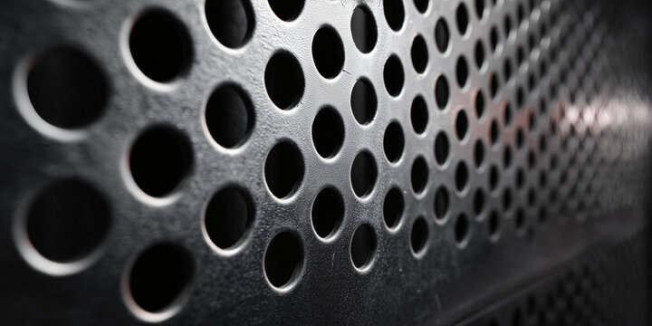 A close-up shot of a perforated metal surface with circular holes arranged in a grid-like pattern - Powered by Adobe