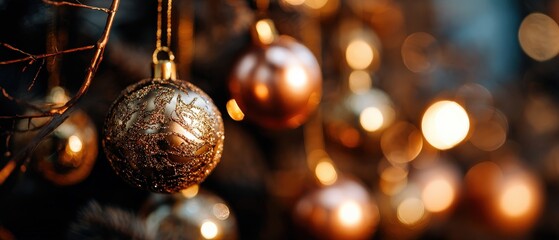 Fototapeta premium Elegant gold Christmas ornaments hanging on a tree with blurred lights, creating a warm and festive holiday atmosphere Concept of celebration, tradition, and luxury