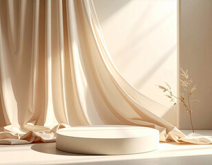 ベージュの光と影の抽象的な背景に浮かぶ円形台座とドレープカーテンの背景デザイン。美容製品などのディスプレイに最適なモックアップ。
