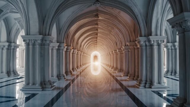 Elegant marble archway with rows of columns reflecting on a polished floor and light at the end of the hallway