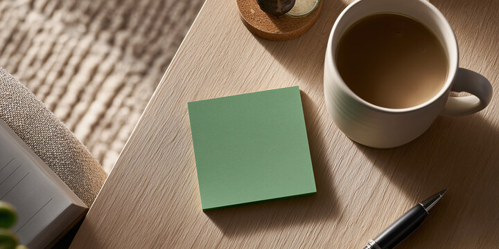 A blank memo pad sitting on a wooden table next to a cup of coffee and a pen