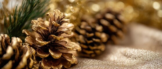 Golden pine cones and evergreen branch on shimmering gold fabric, festive Christmas decoration with bokeh lights for holiday season