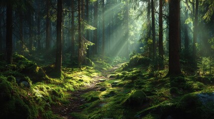Enchanted sunlight filtering through a dark Baltic pine forest, sunbeams hitting the forest floor, a path leading towards the light, mystical atmosphere
