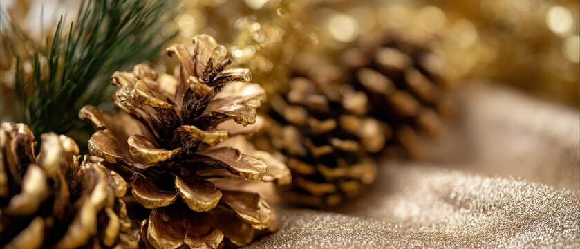 Golden pine cones and evergreen branch on shimmering gold fabric, festive Christmas decoration with bokeh lights for holiday season