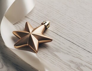 Golden star ornament rests on white ribbon atop a light wooden surface, creating a simple and elegant Christmas scene with a touch of warmth.