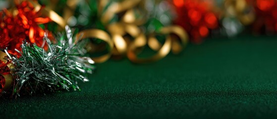 Festive Christmas background with colorful tinsel and gold ribbon on green velvet, creating a celebratory holiday mood Concept of Christmas, New Year, and festive season