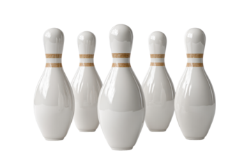 Five white bowling pins with wooden bands on black background sport game, Png, Isolated on Transparent Background, Cut Out