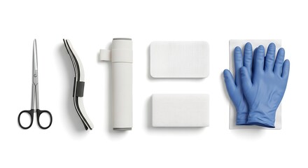 Medical instruments arranged on white background overhead view