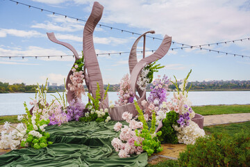 Floral arrangement at riverside event venue in autumn