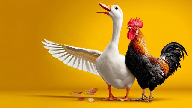 Ducks and roosters play nice. A cheerful duck and a proud rooster stand side by side on a bright yellow background, showcasing their vibrant feathers.