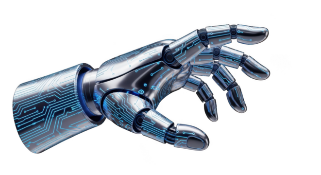 Futuristic chrome robotic hand with glowing blue circuit board patterns reaching out on background isolated on a transparent background - Powered by Adobe