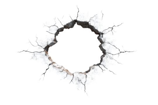 Cracked concrete hole with sharp jagged edges on black background broken damage, Png, Isolated on Transparent Background, Cut Out