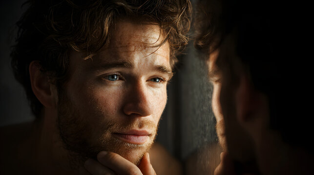 Man staring into mirror with dim light symbolizing deep self reflection 