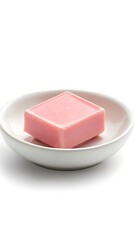 Square Pink Bar Soap on White Ceramic Dish, Cleanliness and Beauty Product