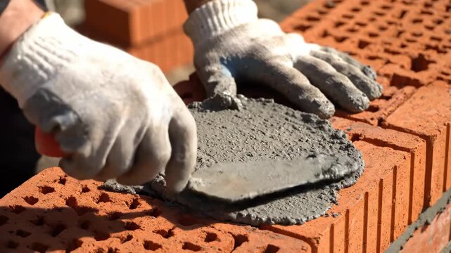 Bricklaying A CloseUp View of Mortar Application on Bricks.