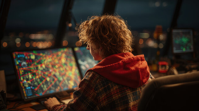 Young person with curly hair wearing a red hoodie and plaid shirt working late at night with colorful electronic maps and radar screens in a dark control room environment