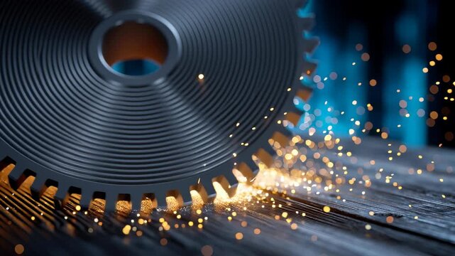 Cutting metal with sparks in a workshop. A sharp circular saw blade creates sparks while cutting through metal in a dim workshop.