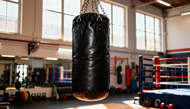 Black punching bag in boxing gym with training ambiance.
